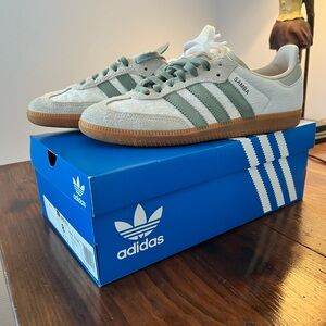 EUC Adidas Sambas, Silver Green, White, Putty, Mauve, women’s size 8/40